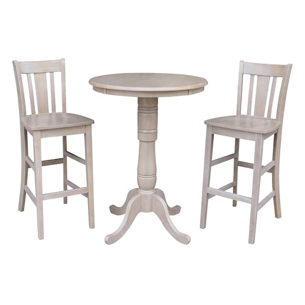 International Concepts Round 30 in Rd Pedestal Bar Ht Table, 2 San Remo Bar Ht Stools, Gray Taupe, 30 in W, 30 in L, Wood K09-30RT-6B-2-S103-2 - main